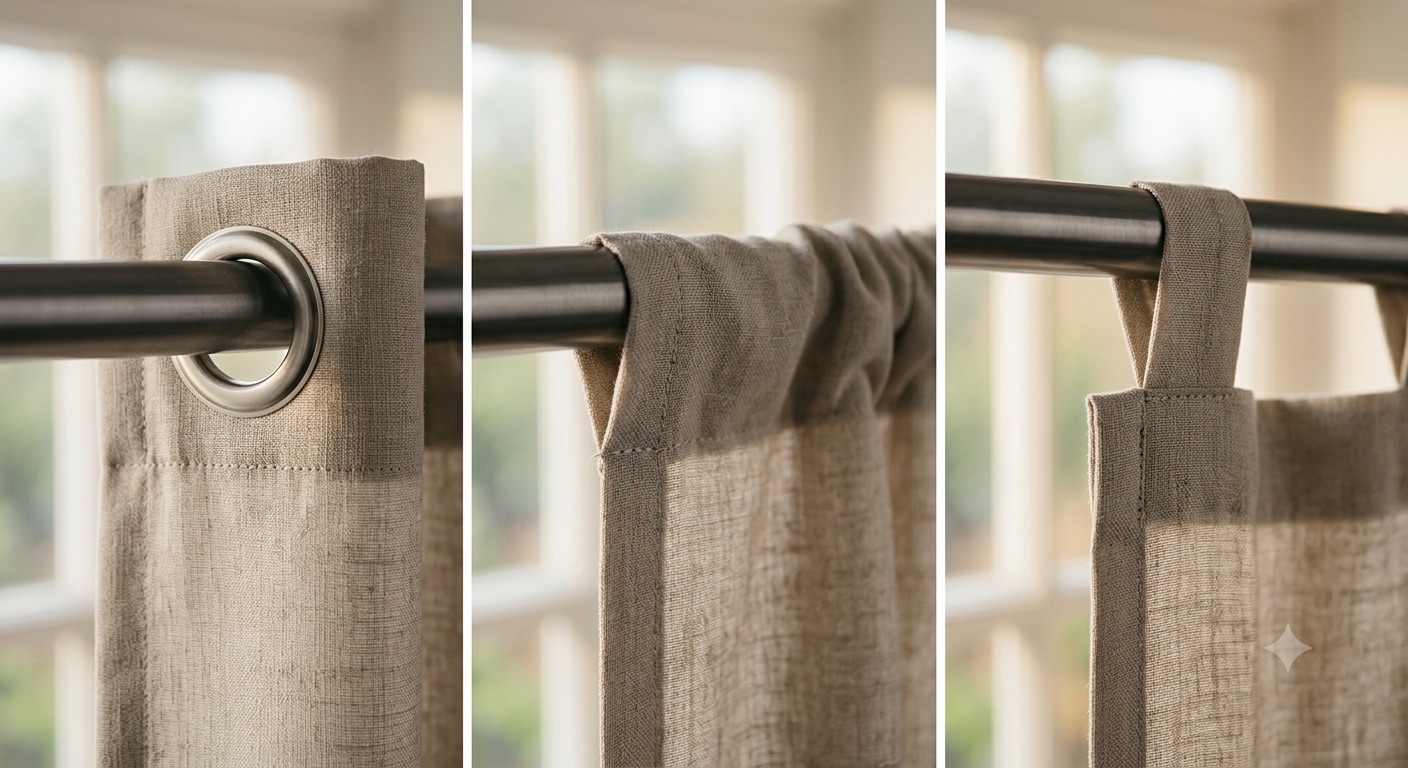 Close-up triptych of grommet, rod pocket, and back tab curtain headers on a rod