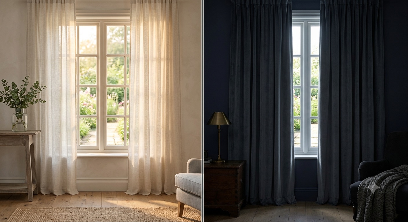 Split comparison of a sheer light-filtering window beside a dark blackout window