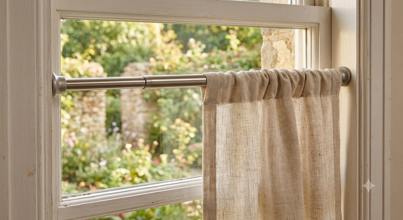 A tension rod wedged inside a window frame holding a curtain panel