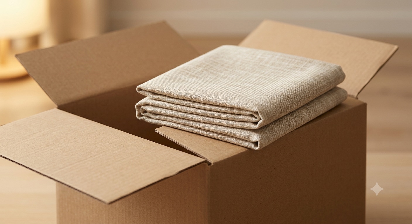 A neatly folded curtain panel resting on top of an open cardboard shipping box