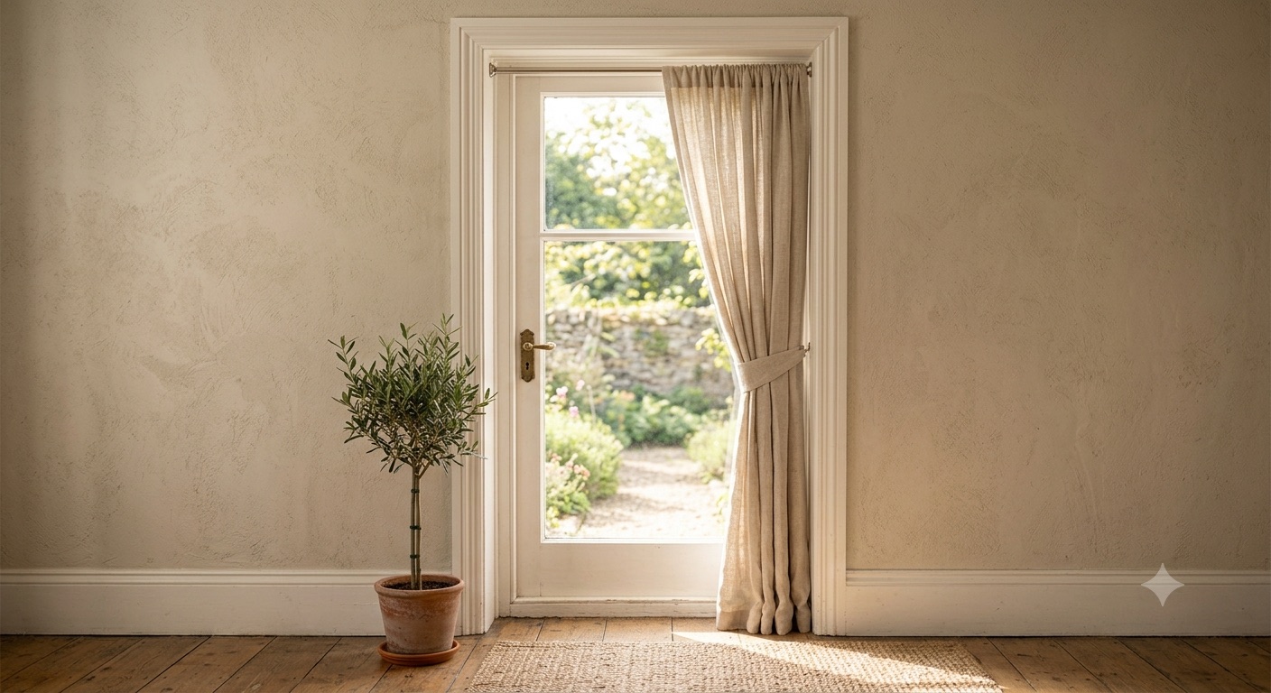 A single curtain panel tied back at a narrow door sidelight